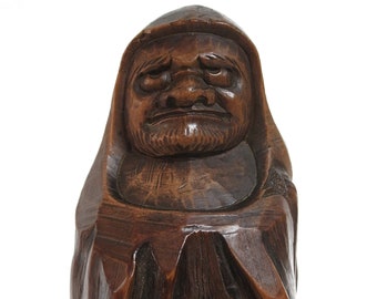 Wood Carving Dharma Daruma Statue Sculpture Figure Monkey Wood 7.25" Vintage 1950s