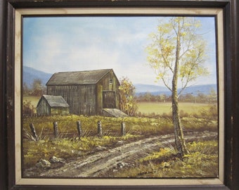 Landscape Old Barn Original Oil on Canvas Signed by Artist - Vintage Painting