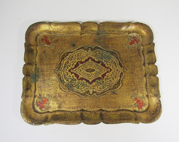 Vintage Mid-century Florentine Wood Gilded Tole Tray Gold Gilt Red and ...