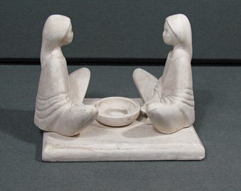 Vintage Pottery Candle Holder with Two Seated Figures, White Folk Art Ceramic, Minimalist Southwest Boho Decor, 8 Inch