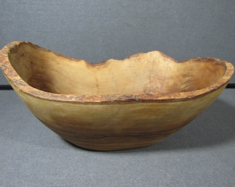 Vintage Rustic Oval Wood Bowl with Natural Bark Detailing - Hand Carved Decor Piece