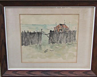 Sandy Battaglini Original Watercolor Harbor Seascape, Signed Framed Coastal Painting, Vintage Nautical Art