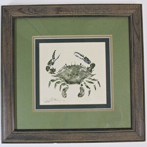 Green Crab Sea Animal Beach Watercolor Painting, Signed Framed
