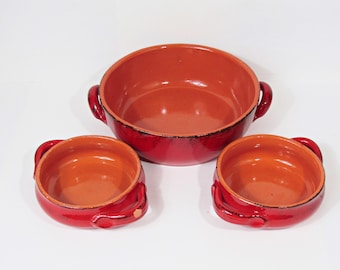 Vintage De Silva Made in Italy Red Ceramic Bowl Set, 3 Piece Handled Terracotta Serving Bowls, Rustic Italian Kitchen Decor