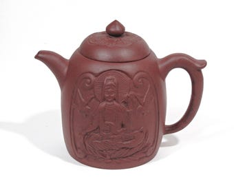 Vintage Chinese Yixing Zisha Teapot, Guanyin, Kwan Yin Relief, Buddhist Teaware
