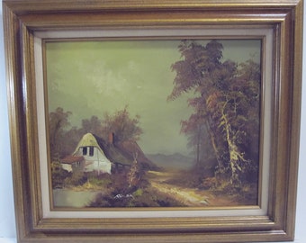 Altes Haus, Bäume, Landschaft Öl auf Leinwand signiert Remo - Vintage Gemälde