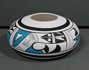 Vintage Southwestern Pottery Bowl Vase, Black White Turquoise Geometric Ceramic, Signed Southwest Decor, 1980s 1990s Style