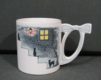 Vintage Tiffany Cats Mug, 1980s Japan Black Cat Ceramic Cup with Bow Handle