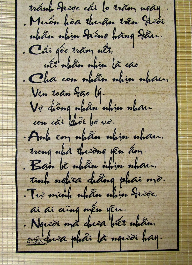 Vietnamesische Kalligraphie Thu Phap: Nhẫn Die Tugend der Geduld auf Reispapier und Bambusrolle Bild 5