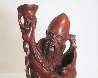 Hand-Carved Wood Statue: Shou Xing, Chinese God of Longevity