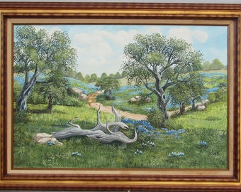 Texas Country Bluebonnet Oak Trees Pathway Large Original Oil on Canvas Painting by Nalda Framed 43.5" x 31"