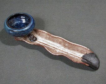 Signed Trent Studio Pottery Feather Incense Burner, Handmade Ceramic Incense Holder with Blue Glazed Bowl, 13.25 Inch