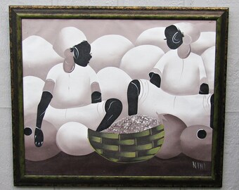 Original Oil Painting Signed Nini, Haitian Style Caribbean Folk Art, Framed Modern Market Scene 26 x 22 in