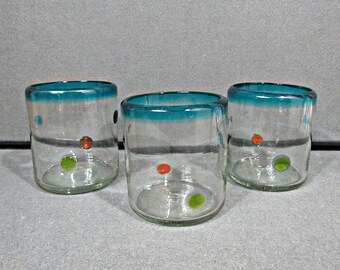 Set of 3 Hand Blown Water Glasses, Blue Rim Multicolor Glass Dot Tumblers, Artisan Barware 14 oz