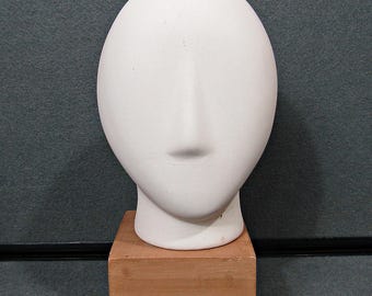 Unique Cycladic Head Sculpture: Modernist Bisque Ceramic on Wooden Base Minimalist MCM 8" Tall