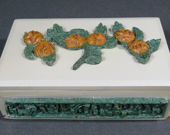 Vintage White Lacquer Jewelry Box, Crushed Stone Floral Trinket Box, Mayan Aztec Style Mesoamerican Decor, Green Stone Rose Box
