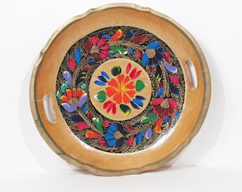 Vintage Mexican Batea Wood Serving Round Tray, Hand Painted Floral Folk Art, Rustic Decorative Wooden Tray with Handles, 13.5 Inch