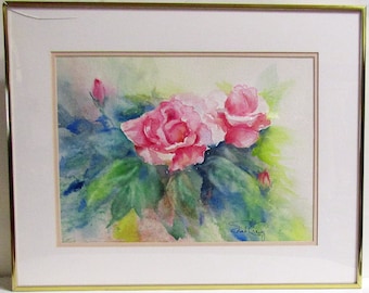 Moderner Aquarell-Impressionist ""Pink Roses"" von Edith Craig, Texas Artist