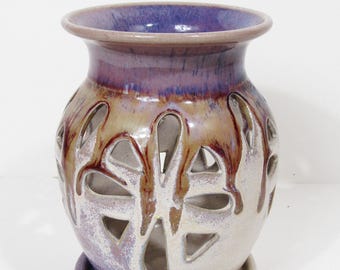 Signed Studio Art Pottery Luminary Candle Holder with Matching Dish, Purple Blue Drip Glaze, Handmade Ceramic Candle Vase