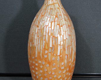 Handmade Shell Mosaic Vase, Mother-of-Pearl Inlay Decor, Orange Vase