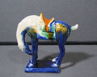 Vintage Blue Chinese Tang Dynasty Style Sancai Glaze War Horse Marked (H1)