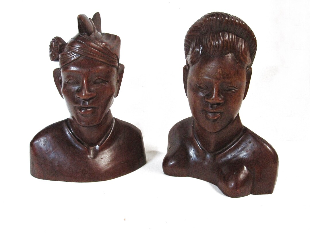 Tribal Balinese Wood Figurine Pair - Hand-carved Man & Woman Busts From ...