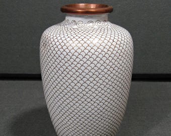 Vintage Chinese Cloisonné Vase, White Enamel Fish Scale Pattern, Copper Rim