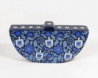 Blue Floral Ceramic Hanukkah Menorah Judaica Candle Holder 10” Unused