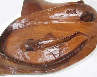 Large Hand Carved Wood Fish Sculpture, Signed Irvine Nautical Folk Art, Coastal Shark Fish Wall Decor, Rustic Beach House Wood Carving