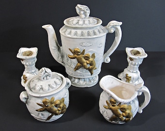 Set da tè in porcellana giapponese, 5 pezzi, dipinto a mano, vintage, anni '60