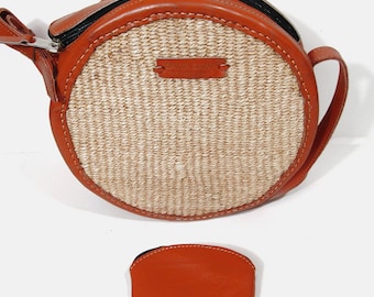 SAWA SAWA Peace Round Sisal Crossbody Bag, Handmade Kenya Boho Woven Purse with Coin Pouch