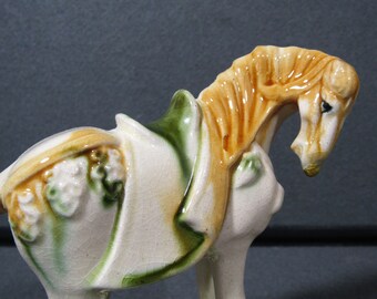 Vintage White Chinese Tang Dynasty Style Sancai Glaze War Horse Marked (H3)