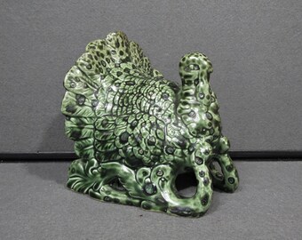 Vintage Green Glazed Ceramic Turkey Figurine, Thanksgiving Decor, Retro Molded Pottery Bird, 6 Inch Fall Table Decor