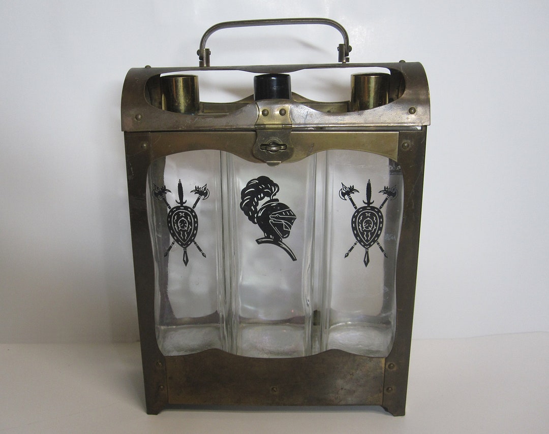 3 Bottle Decanter Set Brass Locking Case Music Box Suit of Armor