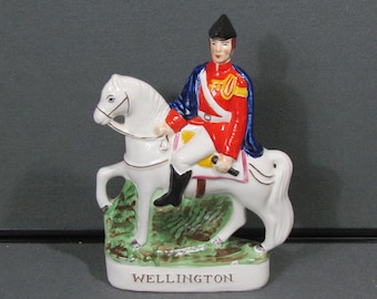 Staffordshire Style Wellington on Horseback Figurine, Vintage Ceramic Military Rider Statue