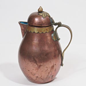 May include: A copper-colored pitcher with a rounded body, a lid, and a curved handle. The lid is adorned with a leaf-like design and a small finial. The pitcher has a brass-colored trim around the lid and handle attachments. The interior of the spout is blue.
