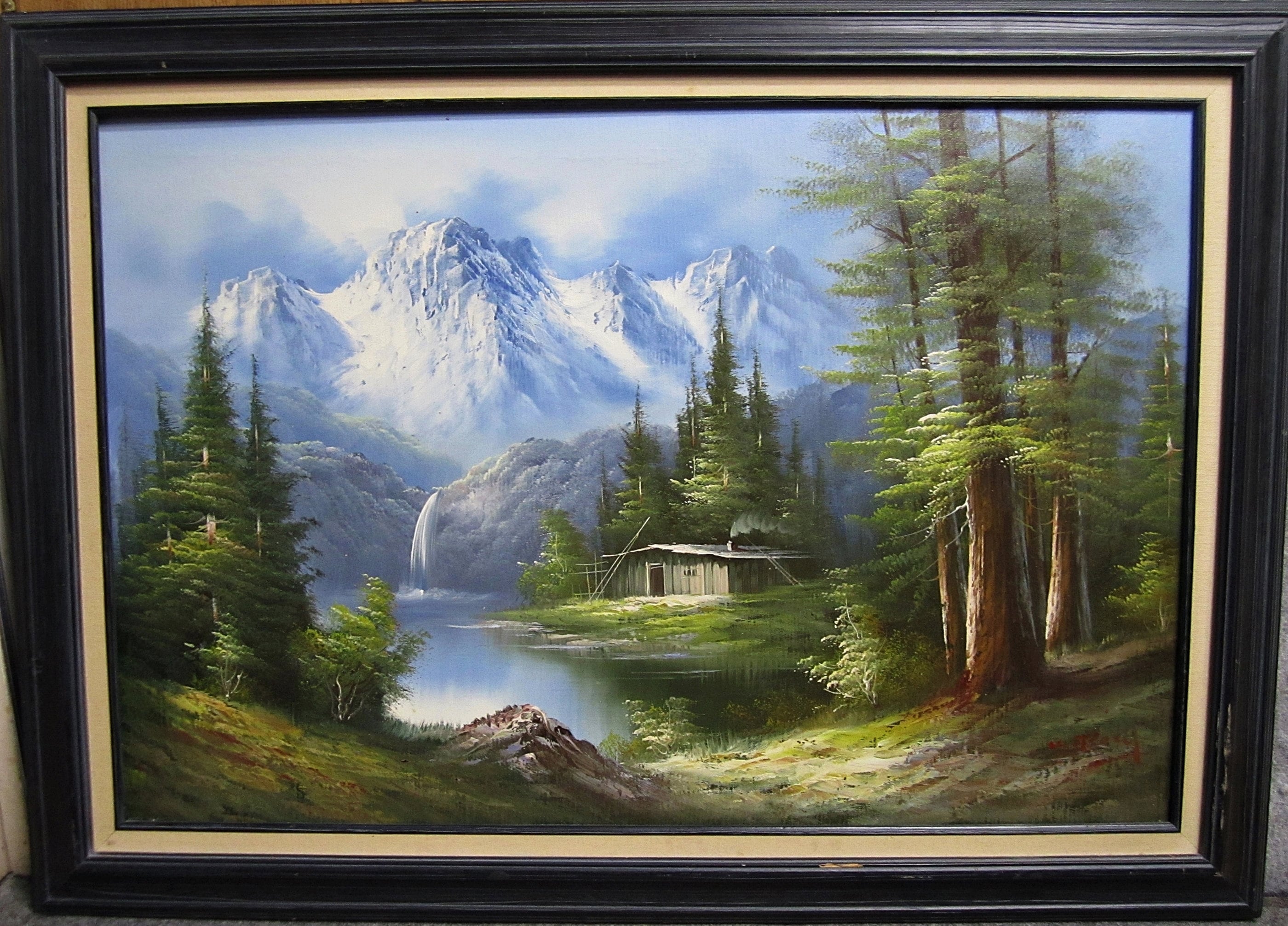 風景画 油彩画 付き 約60cm x 50cm レプリカ K.Boxy River Creek Mountain Landscape With Pines Oil on Canvas by K. Boxy