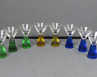 Carnival Cruise Shot Glasses Set of 8, Color Stem Souvenir Barware, Blue Green Amber Glasses