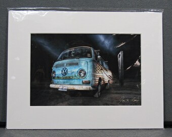 Jamie Rood VW Bus Baby Blue Travel Spirit, Signed Limited Edition Giclee 15/350, Texas Automotive Art, Volkswagen Bus Print COA