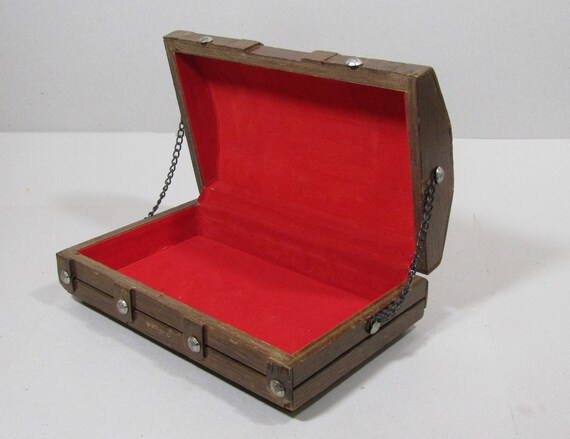 Vintage Wooden Treasure Chest Jewelry Box with Red Fa… - Gem