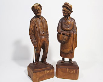 Vintage Paul-Émile Caron Hand Carved Wooden Figures – Quebec Folk Art Man & Woman Sculpture Set, St. Jean Port Joli Canada (1915–1987)
