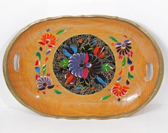 Large Mexican Batea Serving Tray, Hand Painted Floral Wood Folk Art Tray, Vintage Oval Mexican Decor 19"