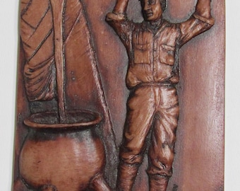 Stephen Okeke Chiclero Wall Plaque, Belize Folk Art Relief, Signed Hanging Sculpture