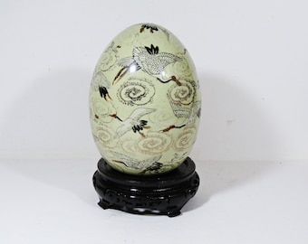 Vintage Satsuma Chinese 1930s Hand-Painted Large Egg with Flying Cranes and Clouds