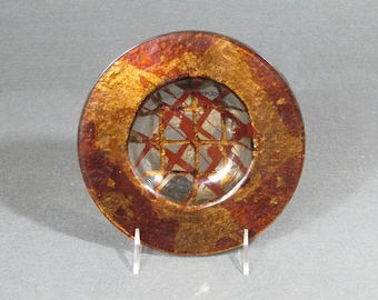 Signed Tony Evans Art Glass Bowl, Glass on Copper Gold Leaf Studio Art, Abstract Reddish Brown Copper Decorative Bowl