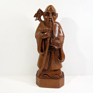 Shouxing Shou Xing God of Longevity Hand Carved Hard Wood Statue Figurine 15&quot; Chinese Old Wise Man