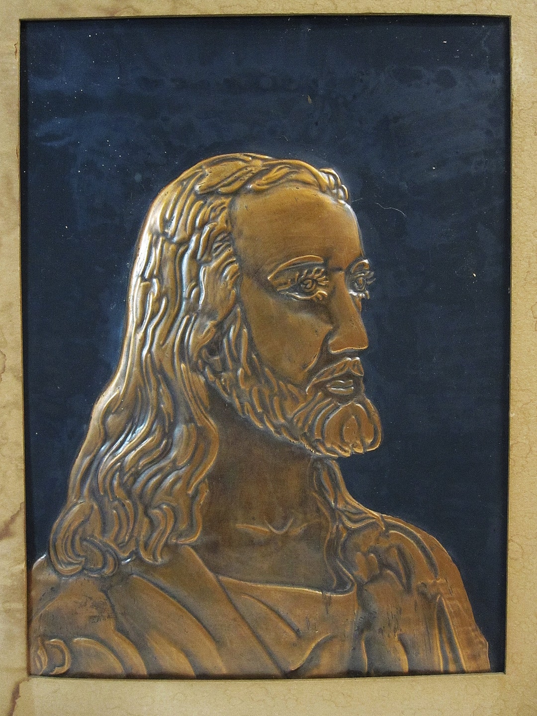 Mid-century Copper Tooled Framed Plaque Portrait of Jesus by Dorothy ...