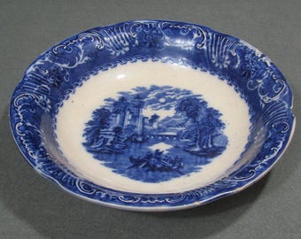 Antique Staffordshire Rhine Blue Transferware Bowl, 19th Century English Pottery, 10.25" Blue White Serving Bowl