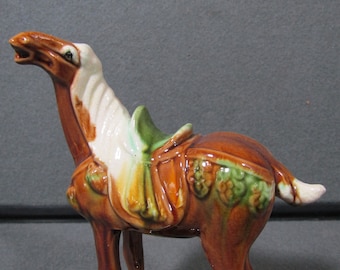 Vintage Brown Chinese Tang Dynasty Style Sancai Glaze War Horse Marked (H2)