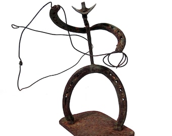 Rustic Horseshoe Cowboy Roper Sculpture, Western Iron Folk Art Figurine, Recycled Metal Ranch Decor, Cowboy Lasso Statue